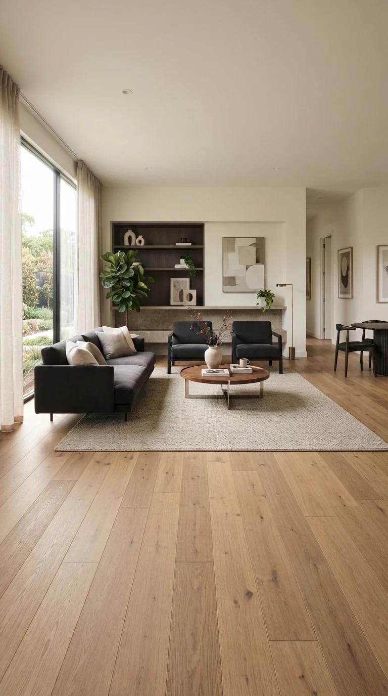 Hybrid planks over acoustic underlay in the hallway of a Lindisfarne apartment.