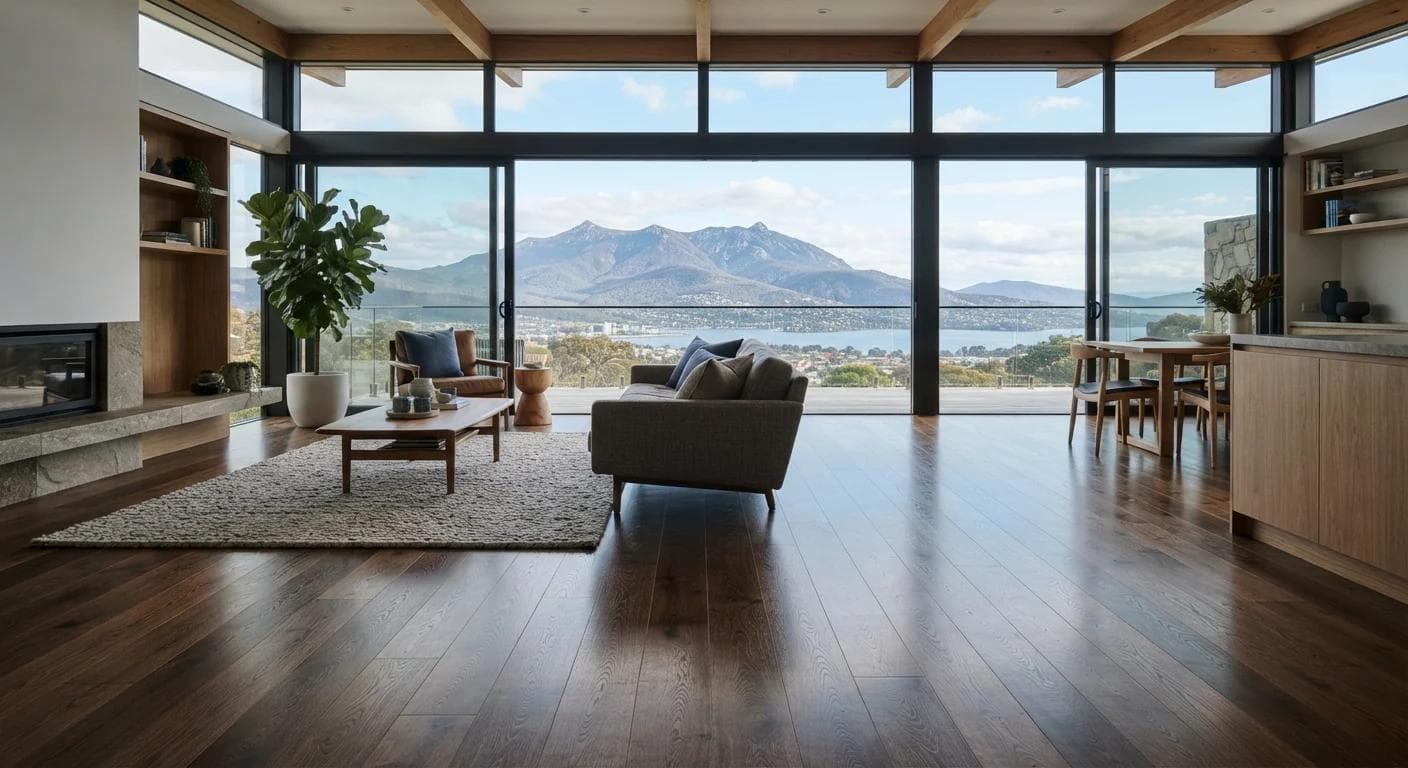 Detail of a freshly installed timber floor catching afternoon light.