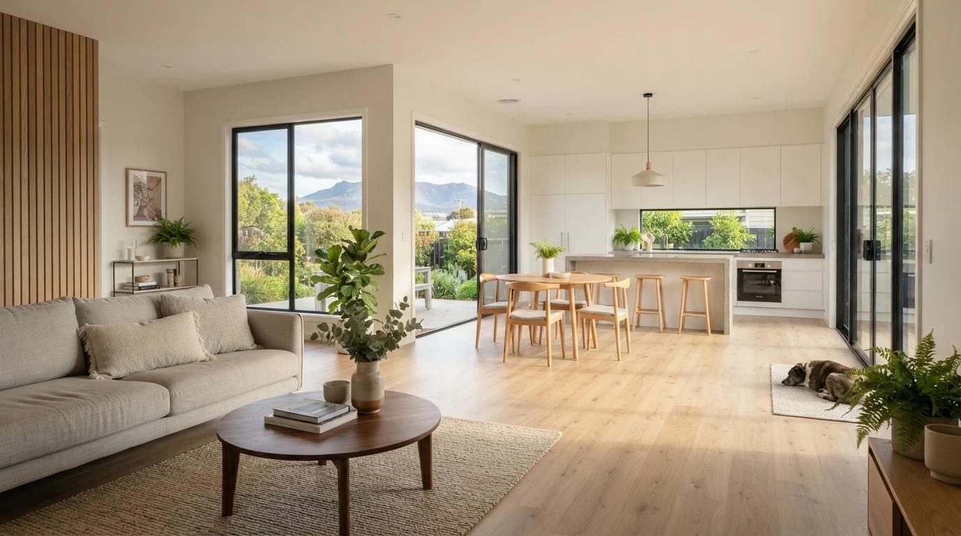 Completed Hobart residential project with seamless light oak laminate running through open-plan rooms.
