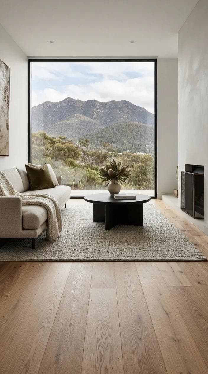 Mount Nelson living room with wide-plank French Oak timber flooring framing a mountain view.