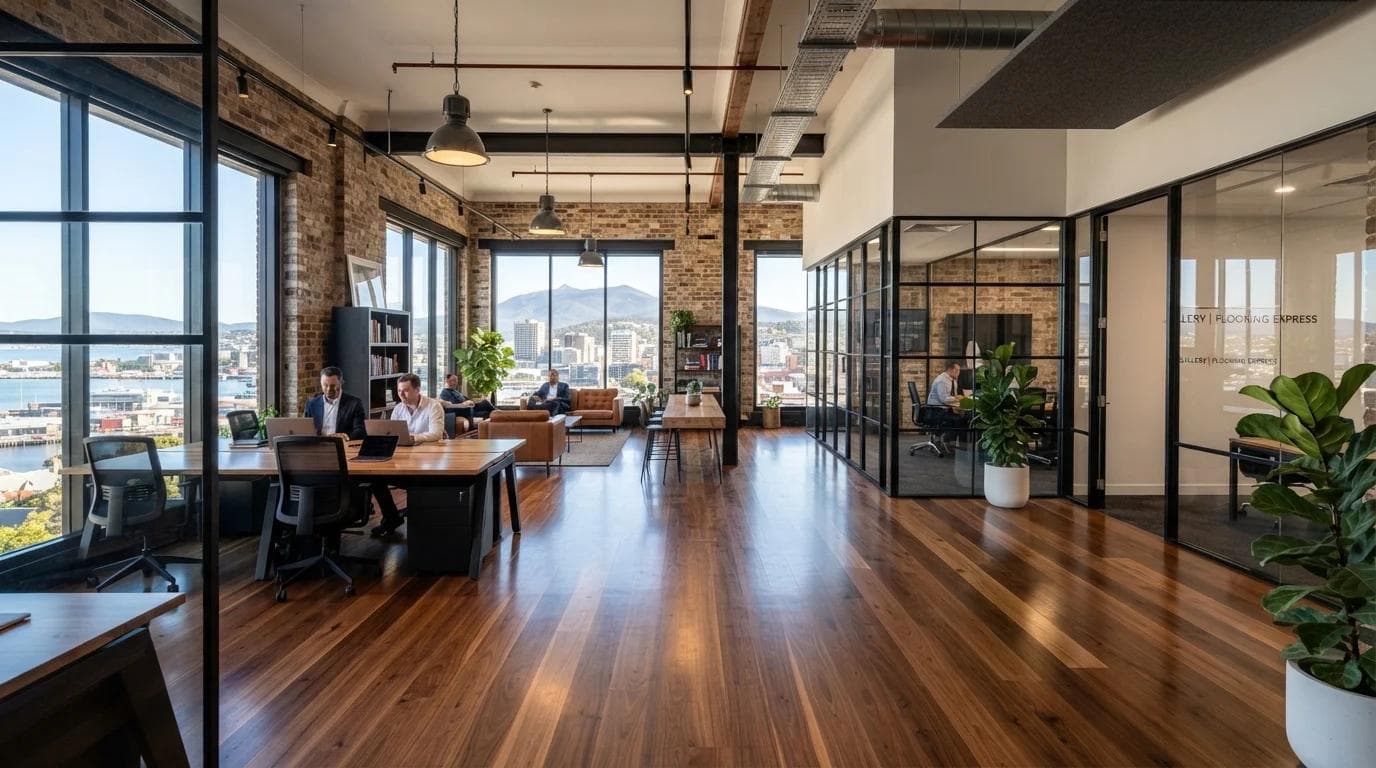 Luxury commercial office in Hobart CBD with deep walnut polished timber flooring.