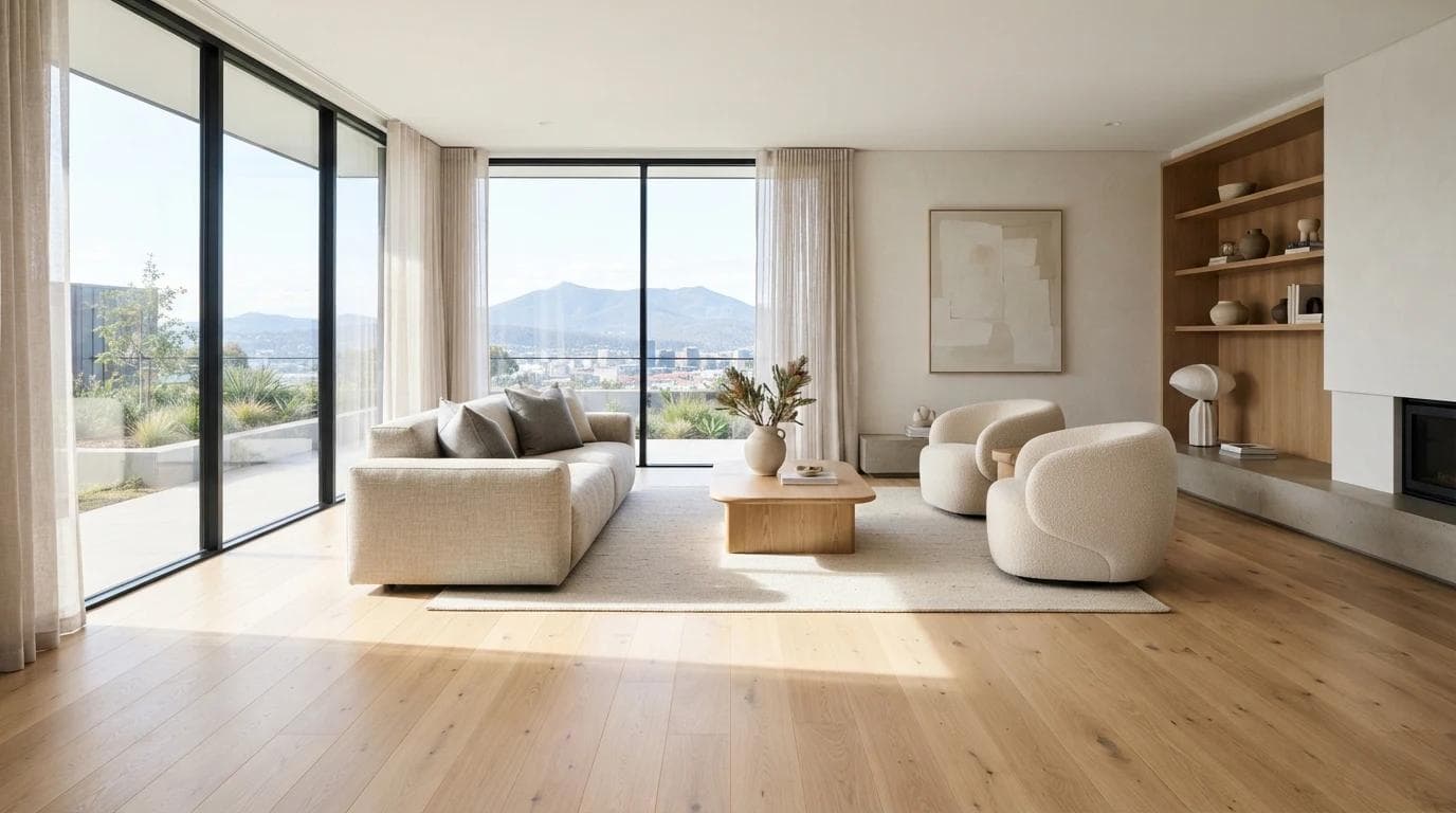 Newly laid flooring in a bright Hobart interior, ready for handover.