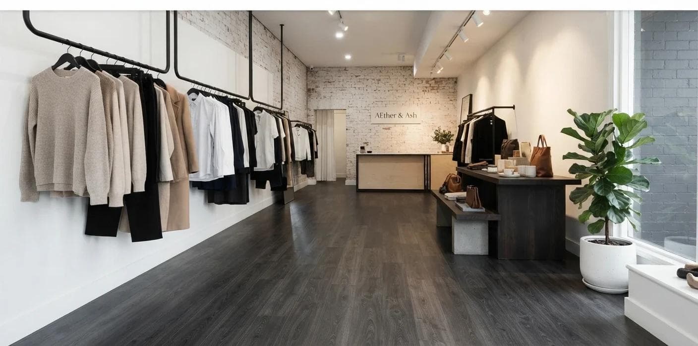 Retail boutique interior in Hobart with high-traffic laminate flooring in a dark ash finish.