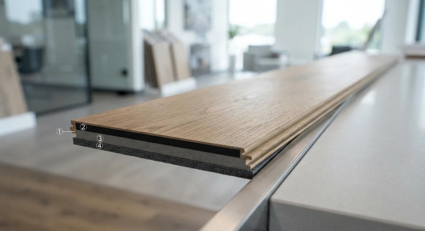Warm oak-look hybrid planks running through the open living space of a restored Battery Point terrace.