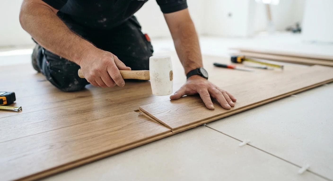 Installer's hands using a mallet to fit a tongue-and-groove hybrid floor plank.