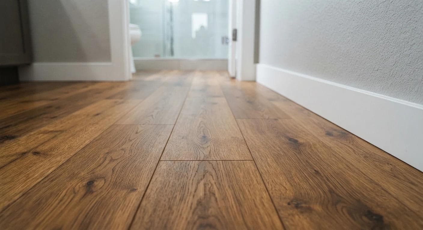 Waterproof hybrid flooring running through a sleek modern bathroom corridor.