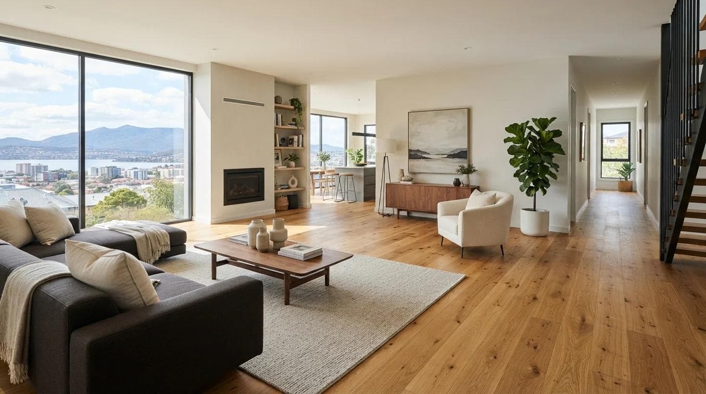 Sunlit open-plan Hobart living room finished in wide-plank timber flooring.
