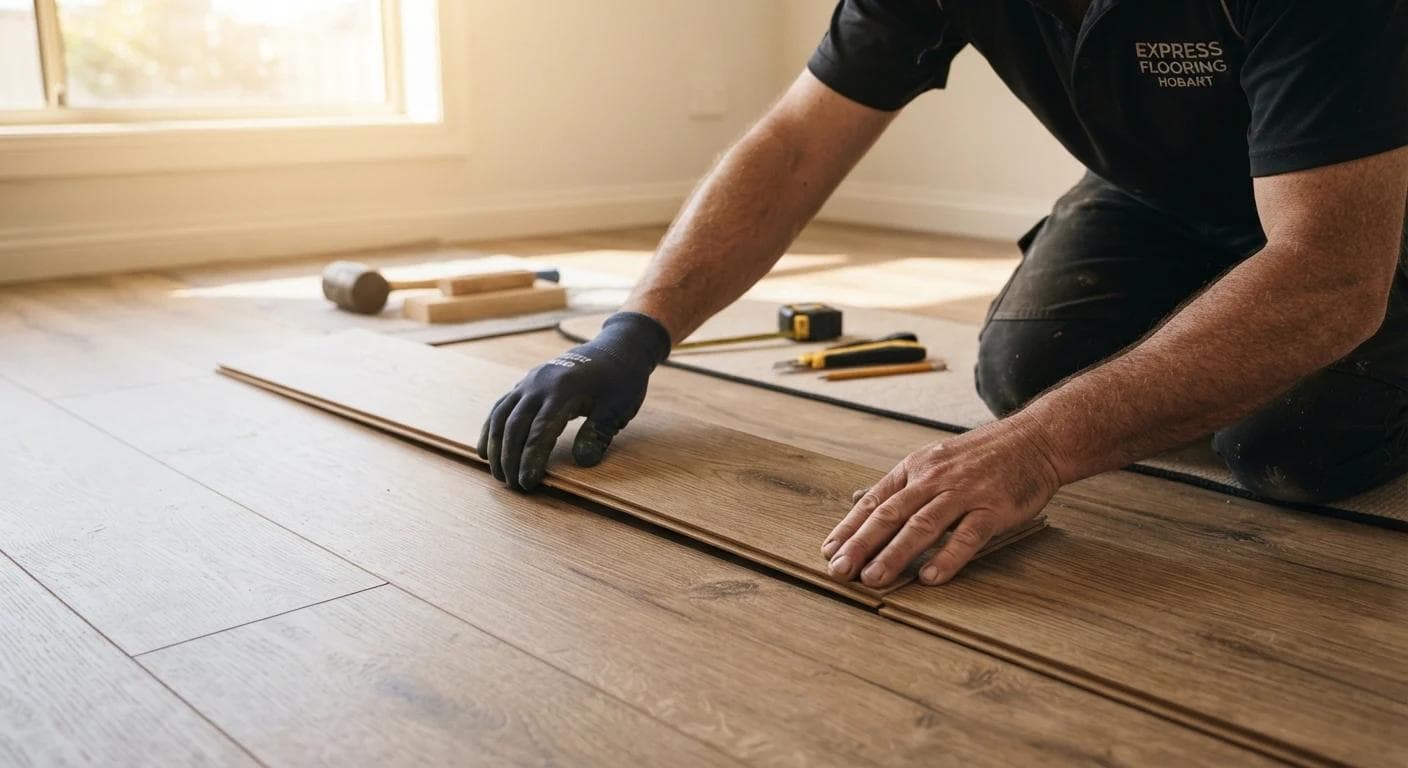Flooring Express installers fitting a plank floor in a Hobart home.